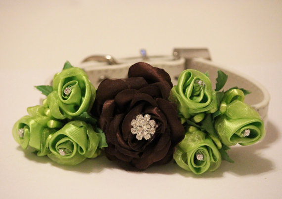 زفاف - Brown Green Floral Dog Collar, Brown and Green Wedding, Flower with Rhinestones, Pet Wedding Accessory