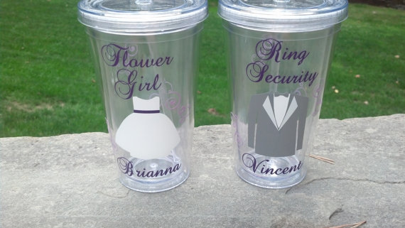 Wedding - 2 Plastic tumblers for Flower girl and ring bearer.  Tumblers with lid and straw, wedding party glasses. BPA Free