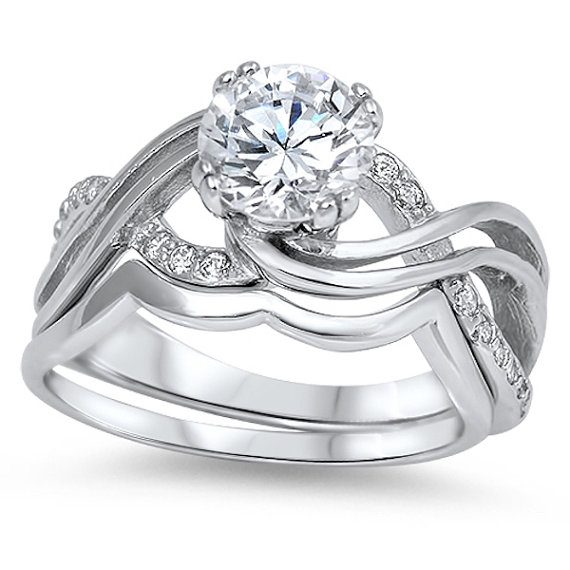 زفاف - 2.65 Carat Round Russian Clear White Diamond CZ Solid 925 Sterling Silver Swirl Twisted Fancy Wedding Engagement Ring Band Set Bridal Gift