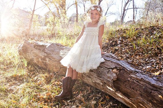 Mariage - Ivory Lace Flower Girl Dress -Ivory Lace Baby Doll Dress/Rustic Flower Girl/-Vintage Wedding-Shabby Chic Flower Girl Dress-Vintage Sash