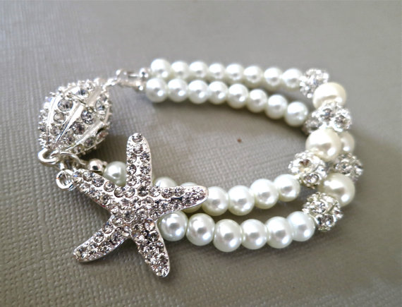 Hochzeit - Bridal Jewelry, Wedding Starfish Bracelet, Bridesmaid Jewelry - Rhinestone Pearl Bracelet Cuff, Ivory Cream Pearl Jewelry
