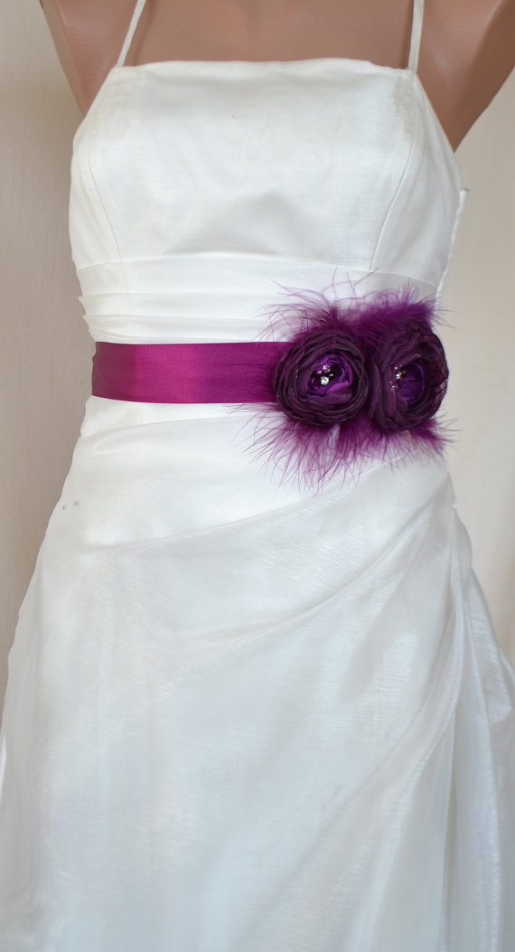 Hochzeit - Handcrafted Aubergine Plum Two Flowwrs with Feathers Wedding Dress Sash Belt