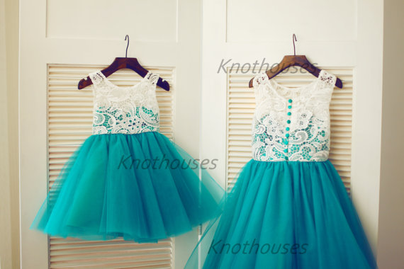 Mariage - Green Tulle Ivory Lace Flower Girl Dress Children Toddler Dress for Wedding Junior Bridesmaid Dress