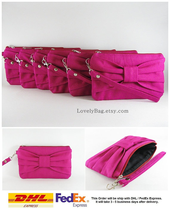 Wedding - SUPER SALE - Set of 6 Fuchsia Bow Clutches - Bridal Clutches, Bridesmaid Wristlet, Wedding Gift, Cosmetic Bag, Zipper Pouch - Made To Order
