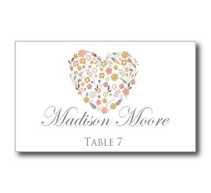 Mariage - Printable Wedding Place Cards - Floral Heart Wedding Place Cards - Rustic Wedding - Vintage Wedding - INSTANT DOWNLOAD - Microsoft Word