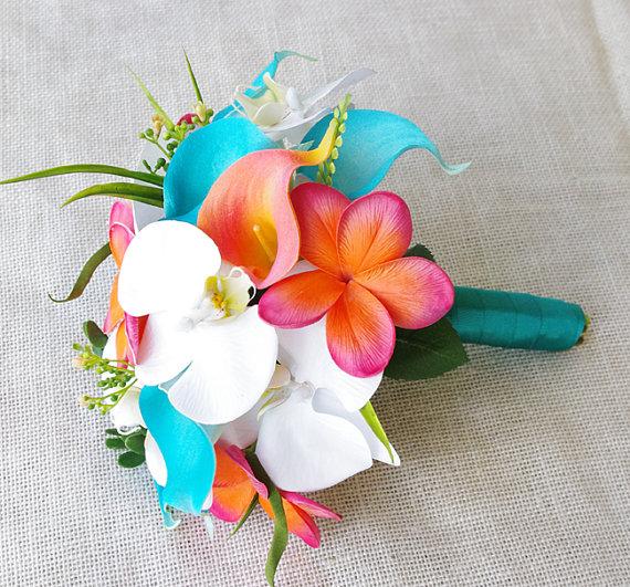 Hochzeit - Wedding Coral Orange and Turquoise Teal Natural Touch Orchids, Callas and Plumerias Silk Flower Medium Bride Bouquet
