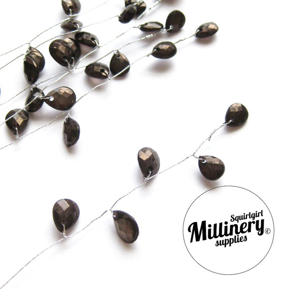 زفاف - 6 Black Acrylic Jewel Picks on Silver Wire for Millinery and Wedding Flower Bouquets