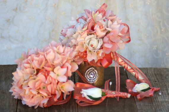 زفاف - 14 piece Package Hydrangea and rose Bridal Bouquet Wedding Package