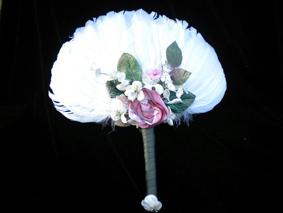 Hochzeit - Feather Fan with Ribbonwork Rose Velvet Flowers and green ribbon handle Designer-made BRIDAL  WEDDING  LINGERIE