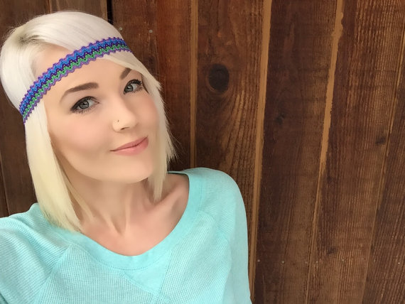 زفاف - Bohemian Indie Hippie Chic Purple, Blue, Green Chevron Cord Thin Headband Hair Band Girl Woman Wedding Accessories w/ Black Stretch Ribbon