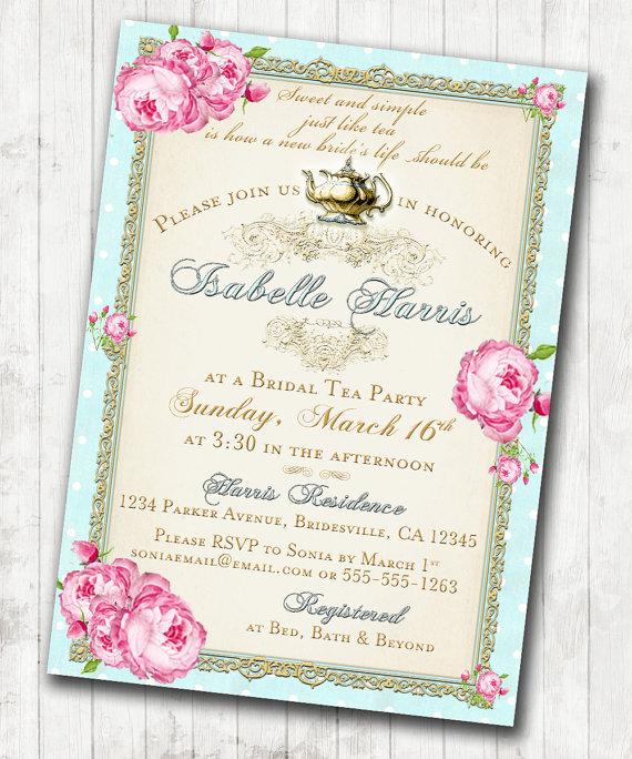 Свадьба - Tea Party Bridal Shower Tea Party Invitation - Floral, Vintage, Pink, Aqua, Gold, Roses - DIY Printable