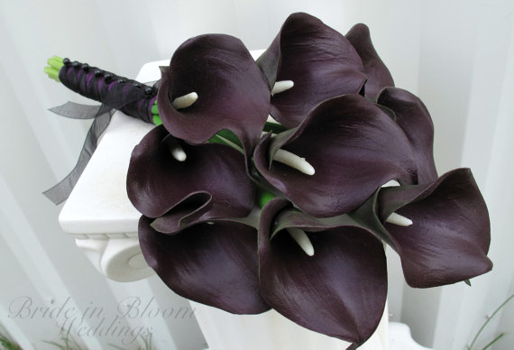 Hochzeit - Calla lily Wedding bouquet dark purple black real touch Bridesmaid bouquets