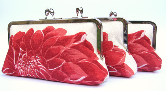 Wedding - Bridesmaid clutch bag set of 3, bridesmaid gift, floral red bridesmaid clutch, red wedding clutch set, personalised gifts, wedding accessory
