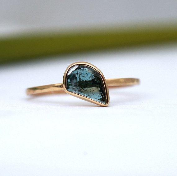 زفاف - Rose Cut Blue Diamond Slice Engagement or Stacking Ring in 14k Yellow Gold