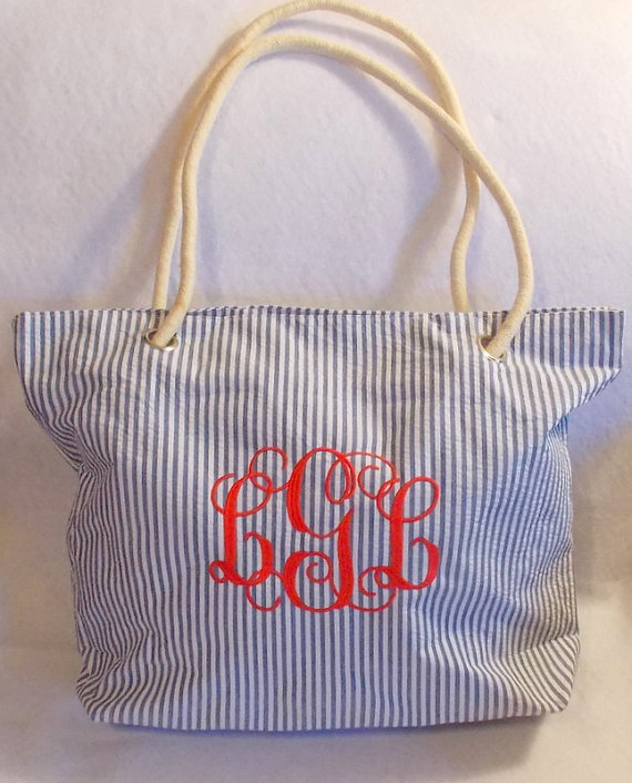 Hochzeit - Monogrammed Bag  Monogrammed Tote Bag Personalized Bag  Seersucker Tote Bag  Bridesmaid Gift