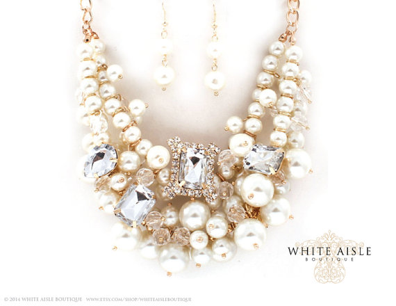 زفاف - Pearl Necklace, Vintage Style Pearl Bridal Necklace Earrings, Ivory Wedding Jewelry Set, Gold Bridal Jewelry, Chunky Statement Necklace