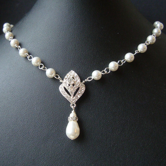 Mariage - Art Deco Style Bridal Necklace, Swarovski Pearl Wedding Necklace, Ivory Pearl Bridal Jewelry, Vintage Style Wedding Jewelry, IVANA