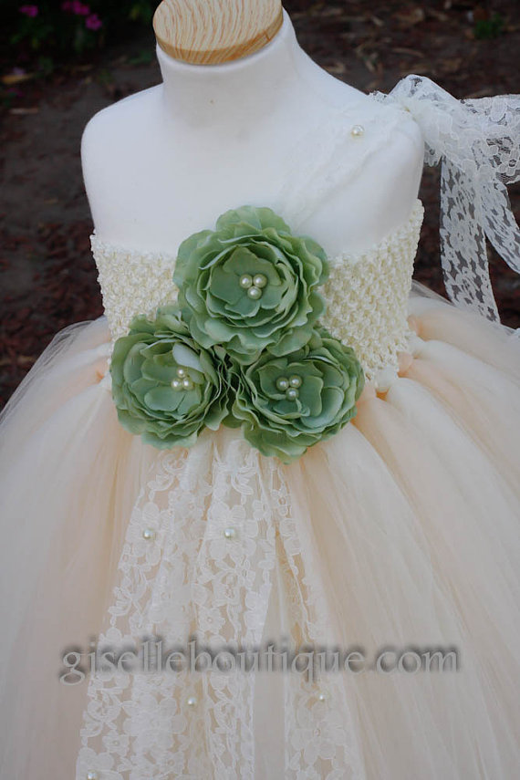 Mariage - Flower girl dress. Ivory and Beige with Mint Roses TuTu Dress. baby tutu dress, toddler tutu dress, wedding, birthday, Newborn,