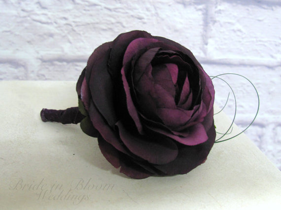 Wedding - Mens wedding boutonnieres Plum purple Ranunculus Boutonniere Groomsmen Boutonniere