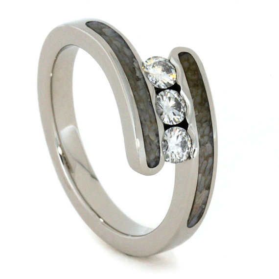 Mariage - Three Stone Ring with Fossilized Dinosaur Bone in Palladium, Faux Tension Set Moissanite Engagement Ring