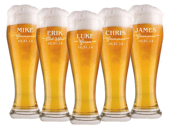 Hochzeit - 4 Groomsmen Gifts, Personalized Beer Glasses, Laser Etched 16oz, Custom Wedding Favors for the Best Man, Groomsman, Father of the Bride Gift
