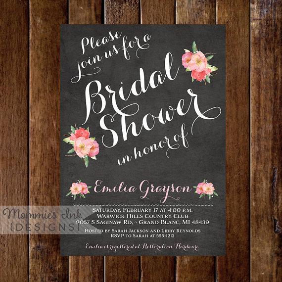 Wedding - Chalkboard Bridal Shower Invitation, Floral Bridal Shower Invitation, Watercolor Floral Invitation, Pink and Coral Flowers, Chalk Invite