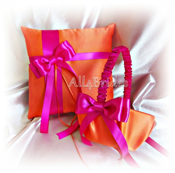 Wedding - Orange and Hot Pink Wedding Ring Pillow and Flower Girl Basket - Weddings Ceremony Decor Ring Cushion and Basket Set
