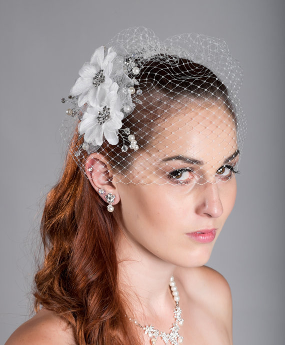 Mariage - Birdcage Veil & Crystal Fascinator Bridal Headpiece