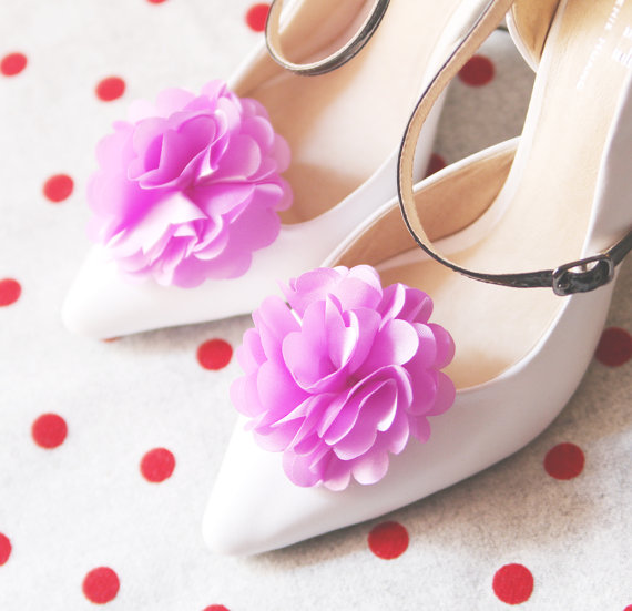 Hochzeit - Violet Magenta Satin Flower Shoe Clips - Wedding Shoes Bridal Couture Engagement Party Bride Bridesmaid - Fuchsia Orchid