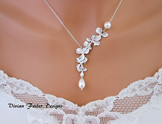 Wedding - Bridal Pearl Necklace Orchid Necklace Wedding Jewelry Bridesmaid Gift Jewellery