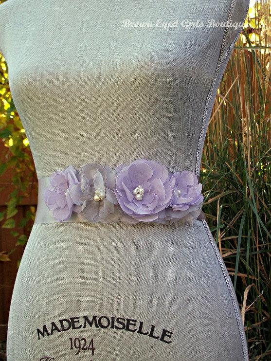 Wedding - Lavender/Lilac Purple and Silver Gray Wedding Sash, Purple Bridal Sash, Lilac and Gray Wedding Belt, Lavender and Gray