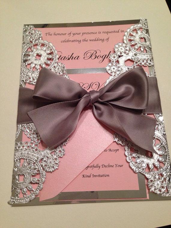Mariage - SAMPLE - Metallic Doilies Wedding Invitation Suite with Ribbon Bow