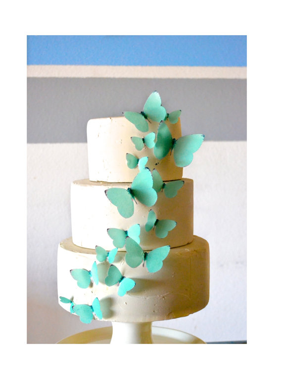Wedding - Wedding Cake Topper Edible Butterflies Tiffany Blue -  set of 15 - Cake & Cupcake Toppers - Food Decoration Wedding Cake Decoration