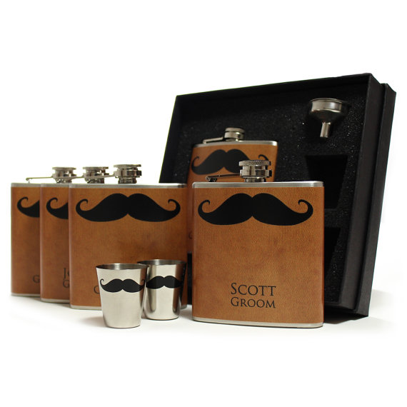Hochzeit - Mustache Flasks on Dark Gold for Groomsmen Gifts