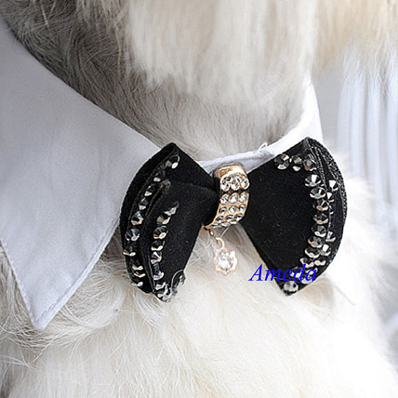 زفاف - Dogs Small Pet Black Crystal Bow Tie White Collar Weddings Formal Wear XS-L [LJ012]
