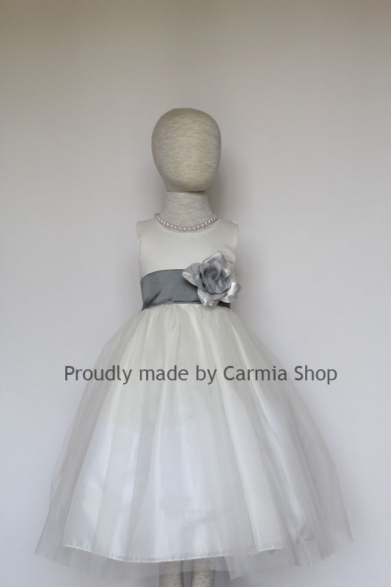 Mariage - Flower Girl Dresses - IVORY with Pewter Mercury Gray Grey (FRBP) - Easter Wedding Communion Bridesmaid - Toddler Baby Infant Girl Dresses