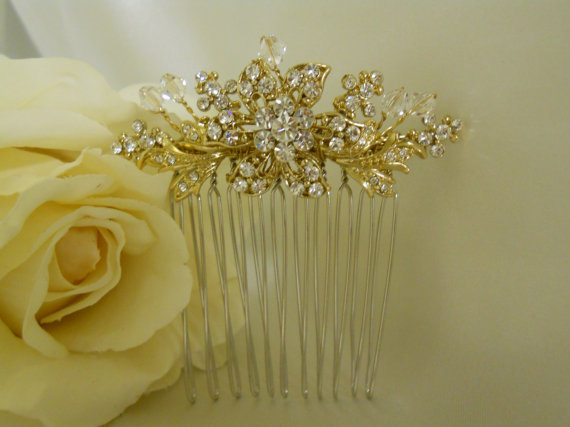Hochzeit - Gold Hair Comb Wedding Hair Comb Rhinestone Clear Crystal hair comb Bridal hair accessory Wedding jewelry Bridal Jewelry Wedding Accessory