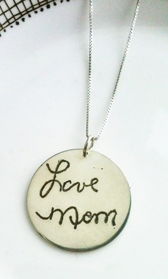 Mariage - Small Handwriting Pendant 3/4 inch, Necklace, Bouquet Charm, Handwriting or Childs Drawing,  custom Mother's Day gift, personalized gift