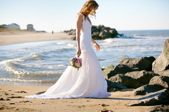 Mariage - Lace Wedding Gown With Train Sheer Back boho wedding dress- Grazia Gown Custom