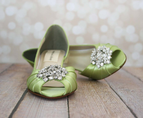 زفاف - Wedding Shoes -- Spring Green Peeptoe Wedding Shoes with Silver Rhinestone Adornment