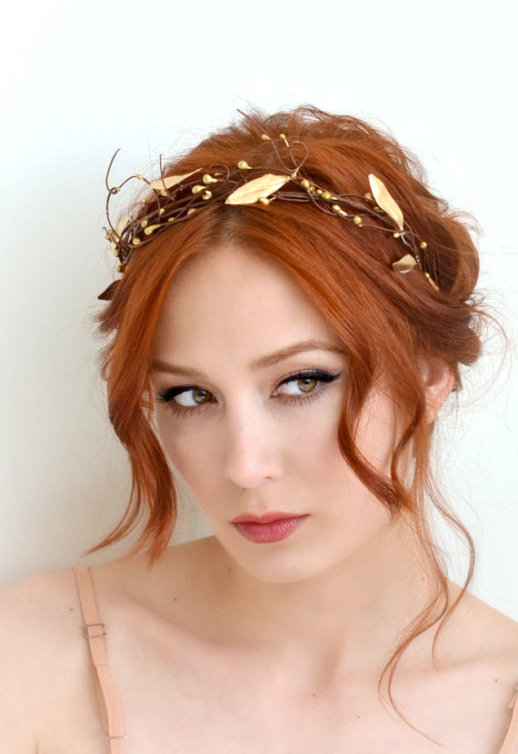 Свадьба - Leaf crown, golden bridal crown, grecian goddess head piece, wedding headband, bridal hair accessory