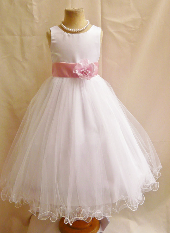 Mariage - Flower Girl Dresses - WHITE with Pink Light (FD0FL) - Wedding Easter Junior Bridesmaid - For Children Toddler Kids Teen Girls