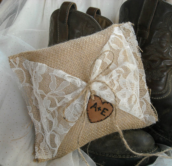 Wedding - Burlap and Lace Personalized Ring Bearer Pillow-Wedding Pillow - Personalized Wedding Pillow- Country Wedding - Rustic Wedding - Ring Bearer