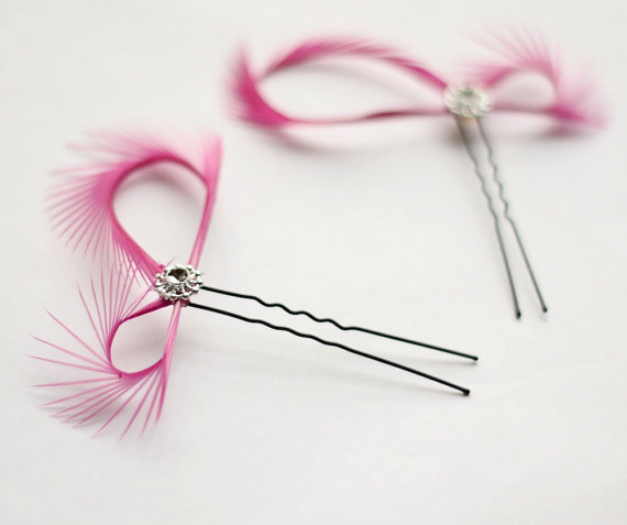 Hochzeit - Hot Pink Hair Accessories - Feather Fascinators - Bridesmaids Gift - Hot Pink Wedding - Bridal Pins - Modern Minimalist Wedding
