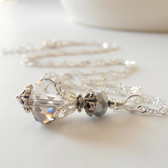 Mariage - Gray Bridesmaid Necklace Crystal Wedding Jewelry Bridesmaid Jewelry Set Silver Plated or Sterling Silver Crystal Pendant Necklace Grey