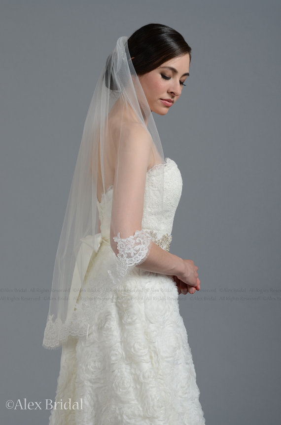 Wedding - Mantilla bridal wedding veil light ivory with alencon lace