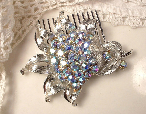 Свадьба - Vintage Something Blue Bridal Hair Comb, Powder Light Blue Rhinestone Silver Flower Headpiece Designer Brooch to Wedding Hair Accessory