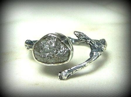Wedding - rough diamond twig engagement ring, raw diamond and  silver twig ring, birthstone ring, nature jewelry
