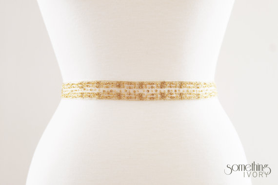 Hochzeit - ANDI - Gold Beaded Bridal Sash, Wedding Belt