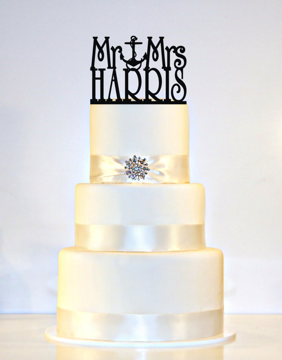 Wedding - Wedding Cake Topper Or Sign Fouled Anchor Monogram  personalized with "Mr & Mrs" and YOUR Last Name